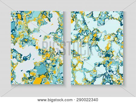 Fluid Paint Marble Vector Background Set. Terrazzo Teal Textured Organic Cover. Granite, Pebble Bann