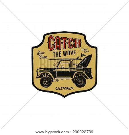 Surfing Logo Design. Summer Badge With Silhouette Surf Car, Surfboards And Typography Quote - Catch 