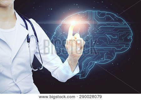 Female Doctor Hand Using Glowing Circuit Brain Interface On Blurry Background. Ai And Medicine Conce