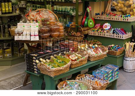 Corfu, Greece - April 7, 2018: A Store That Sales Traditional For Corfu Island Kumquat Liqueur And K