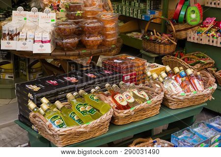 Corfu, Greece - April 7, 2018: A Store That Sales Traditional For Corfu Island Kumquat Liqueur And K