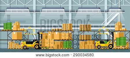 Warehouse Automatic Distribution Forklift Car. Manufacturing Storage Full Of Cardboard Box On Shelf,