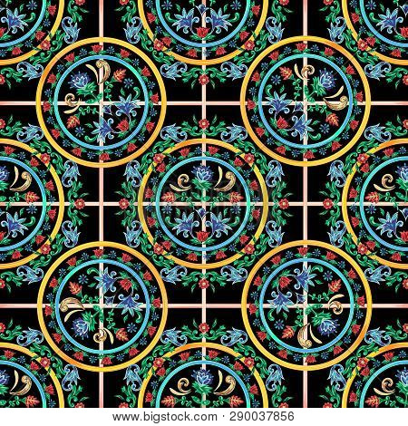 Sicilian Check Seamless Pattern With Flowers. Vector Floral Patch For Embroidery And Print Design.