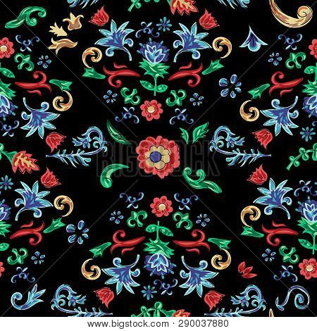 Sicilian Seamless Pattern With Flowers. Vector Floral Patch For Embroidery And Print.