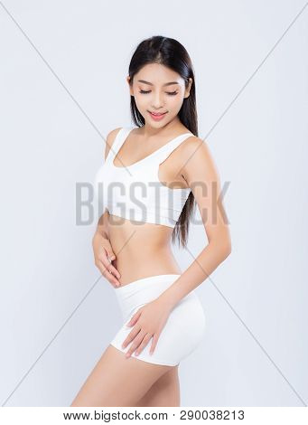 Portrait Young Asian Woman Smiling Beautiful Body Diet With Fit Isolated On White Background, Model 