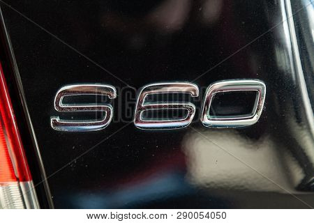 Novosibirsk, Russia - 08.01.18: Rear Emblem View Of Black Used Volvo S60 Car Stands In The Auto Show