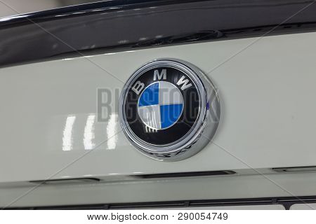 Novosibirsk, Russia - 08.01.18: Front Emblem Of Luxury Very Expensive New White Bmw X6 Car Stands In