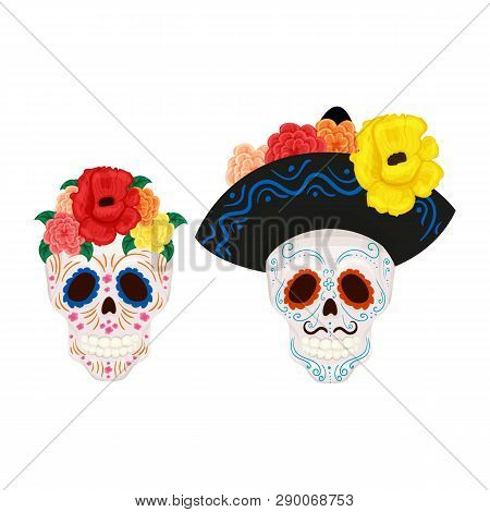 Cartoon Mexican Sugar Skull Illustration For Day Of The Dead
