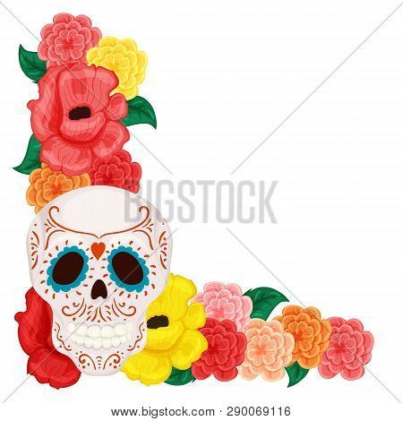 Floral Frame With Cute Skull And Rose And Hibiscus