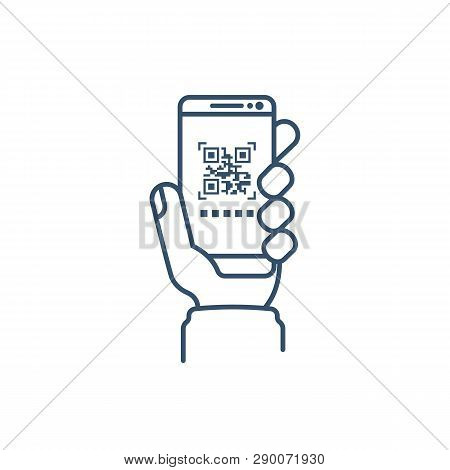 Qrcode. Barcode Scan. Mobile Phone In Hand, Minimalist Design, Black Line Icon. Smartphone For Scann