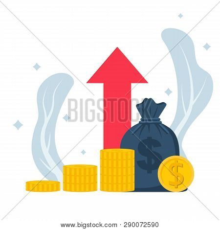 Planning Savings. Stock Of Money And Big Bag Of Dollars In Coins. Concept Of Income Profit Growth. V