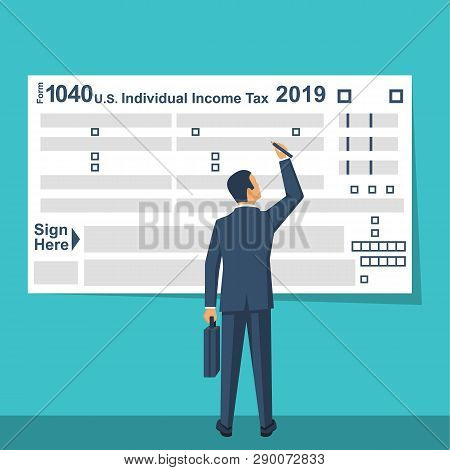 Businessman Fills Us Tax Form. Data Analysis, Paperwork, Financial Research, Report. Businessman Cal