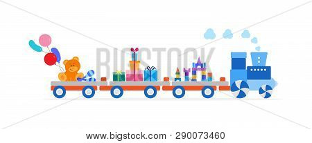 Funny Vector Illustration With Train Carries Toys: Baby Toy Musical Maracas, Designer, Bear, Gifts, 