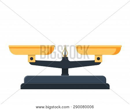 Two Pan Balance Icon. Weighing Scale With Golden Pans And Pointer And Gray Base. Vector Illustration