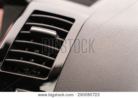 Inscription On The Panel Of The Vehicle Airbag. Background Of Grey Textured Plastic Close-up