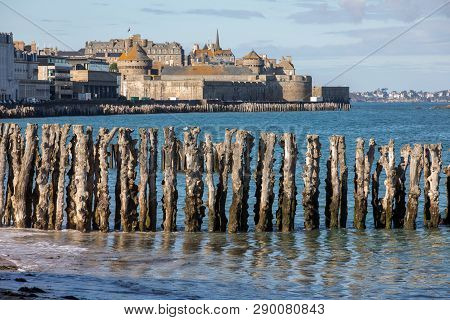View Of Beach And Old Town Of Saint-malo. Brittany, France