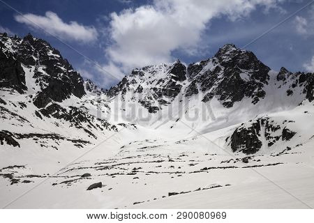 Snowy Mountains With Traces From Avalanche In Sunny Spring Day. Turkey, Kachkar Mountains, Highest P