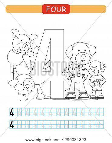 Four. Learning Number 4. Coloring Printable Worksheet For Kindergarten And Preschool. Dog.