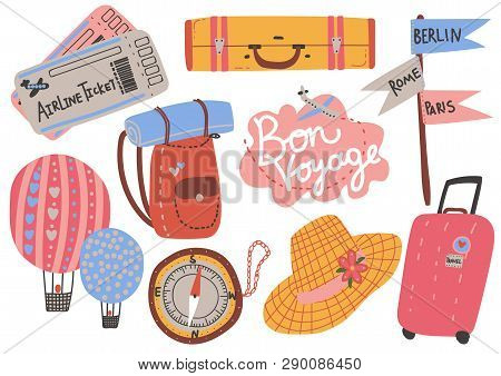 Travel Objects Collection, Airplane Tickets, Backpack, Compass, Hot Air Balloon, Hat, Signpost, Time