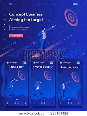 Isometric Website Template Landing Page Businessman Aiming At The Target, Business Concept.