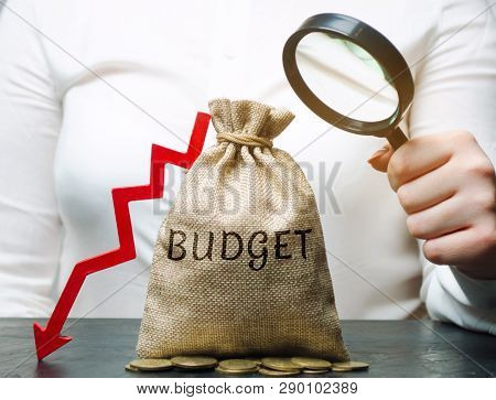 Business Woman Analyzes The Budget In The Company. Reduced Profits. Financial Crisis And Bankruptcy.