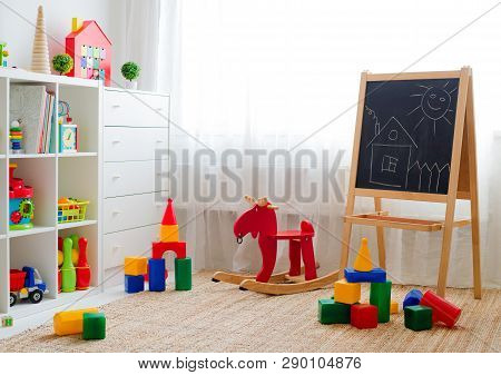 Childrens Playroom With Plastic Colorful Educational Blocks Toys. Games Floor For Preschoolers Kinde