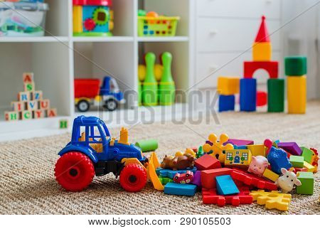 Childrens Playroom With Plastic Colorful Educational Blocks Toys. Games Floor For Preschoolers Kinde
