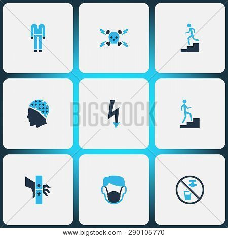 Sign Icons Colored Set With Danger Moving Parts, Step Up, Non Potable Water And Other Injury Element
