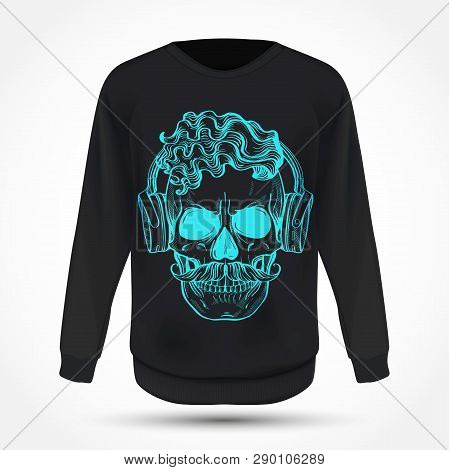 Angry Skull With Cirly Hairstyle, Moustaches And Headphones On Jumper . Vector Illustration, Eps 10