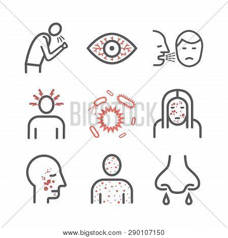 Measles. Symptoms, Treatment. Line Icons Set. Vector Signs.