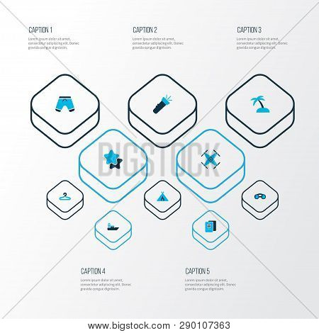 Trip Icons Colored Set With Binoculars, Quadrupter, Ship And Other Vessel Elements. Isolated  Illust