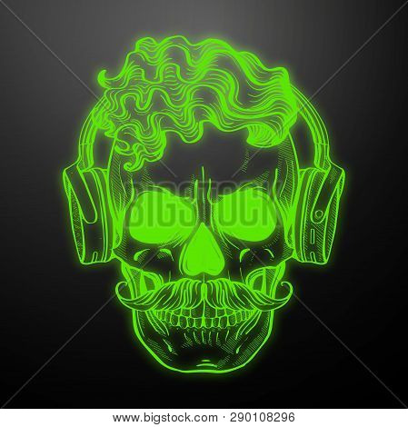 Angry Skull With Cirly Hairstyle, Moustaches And Headphones . Vector Illustration, Eps 10