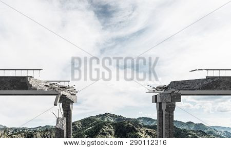 Broken Concrete Bridge With Beautiful Nature Landscape, High Mountains And Cloudly Skyscape On Backg