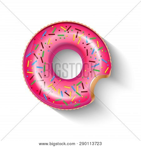 Inflatable Circle In Shape Of Pink Doughnut With Shadow Isolated On White.  Realistic Summertime Ill