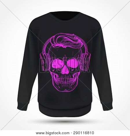 Angry Skull With Cirly Hairstyle, Moustaches And Headphones On Jumper . Vector Illustration, Eps 10