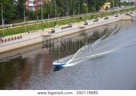 Kaliningrad, Russia - June 28, 2016: Motorboat On The Pregolya River Near The Embankment Of Admiral 