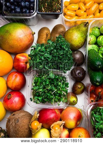 Fresh Vegetables And Fruits For Fitness Dinner On White Background Top View Mockup