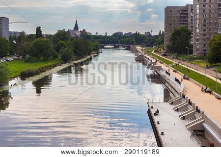 Kaliningrad, Russia - June 28, 2016: Cityview Of The Pregolya River And The Embankment Of Admiral Tr
