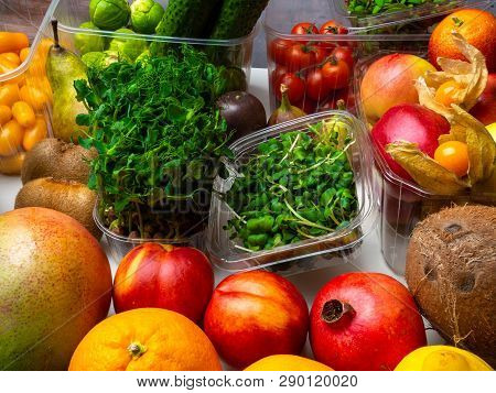 Colorful Fruits, Vegetables, Microgreens Sprouts Background, Rich In Antioxidants