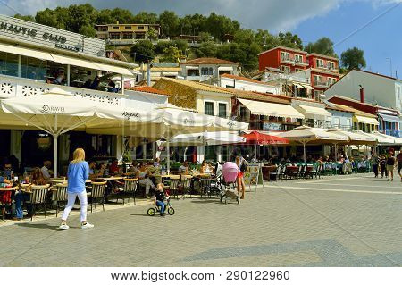 Paxos Harbour, Greece - October 01, 2017 : Paxos Tourist Visiting The Small Island South Of Corfu A 