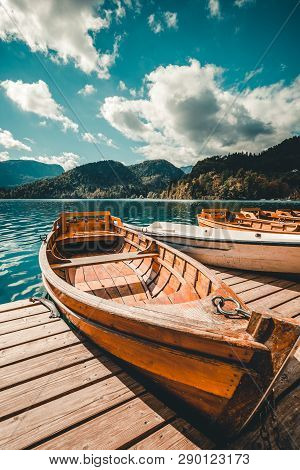 Traditional Pletna Boat On The Lake. .bled Lake Slovenia, Europe