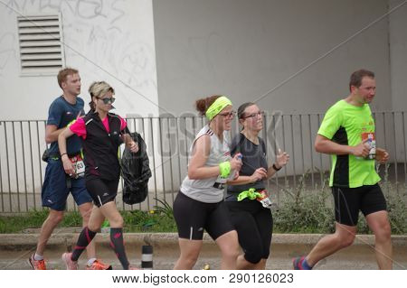 Lisbon, Portugal - March 17 2019: Distance Runners At The Edp Lisbon Half Marathon