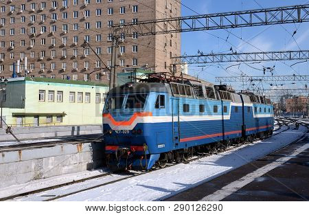 Moscow, Russia - February 23, 2019:two-section Electric Locomotive Chs7 At The Kazan Station In Mosc