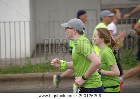Lisbon, Portugal - March 17 2019: Distance Runners At The Edp Lisbon Half Marathon