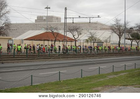 Lisbon, Portugal - March 17 2019: Distance Runners At The Edp Lisbon Half Marathon