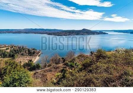 Panoramic View Of Lake Maggiore On A Clear Day, Seen From Massino Visconti Village Over Lesa, Piedmo