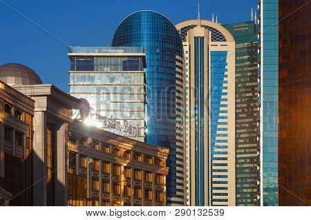 Astana, Kazakhstan - July 25, 2017: View Of The Modern High-rise Buildings The Center Of Astana City
