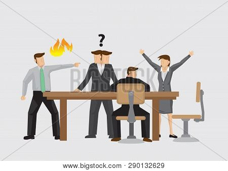 Vector Illustration On Different Behaviors Of Business People During Heated Conflict In Meeting. Con