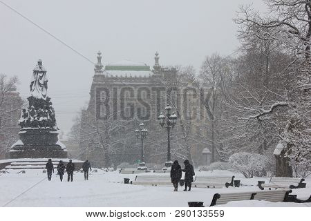 Ekaterininsky Garden And Ostrovsky Square With Monument To Catherine Ii On Winter In St. Petersburg,
