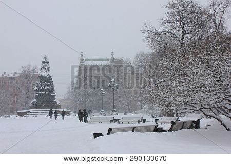 Ekaterininsky Garden At Ostrovsky Square With Monument To Empress Catherine Ii On Winter In St. Pete